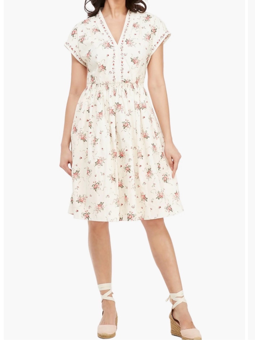 Gal Meets Glam Cream Smocked Waist Floral Print Dress